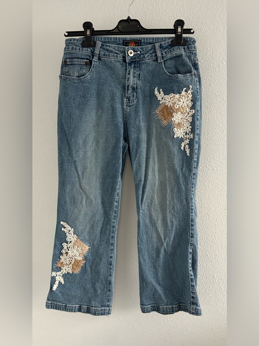 Route 66 Blue Denim Flare Jeans with White Lace & Brown Patch